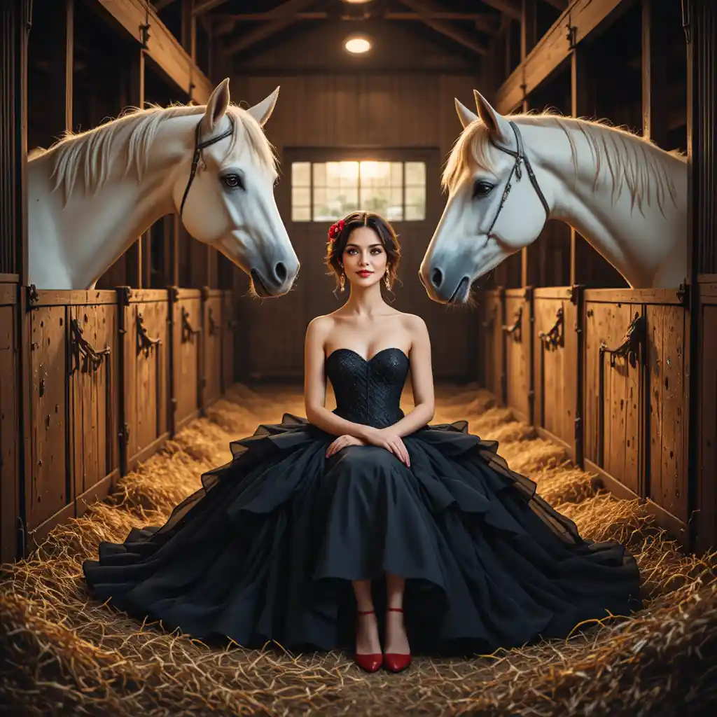 A Fashion Portrait of a Woman Between White Horses in a Stable