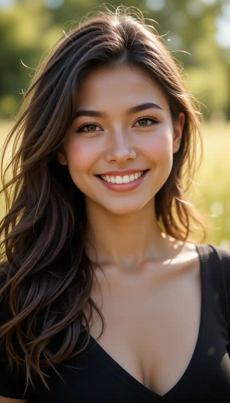 A smiling woman in a sunlit grassy field with trees behind her