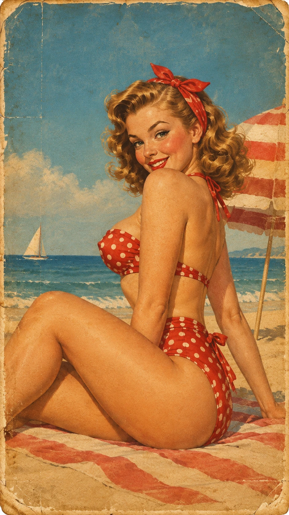 A vintage pin-up poster with faded paper and aged edges