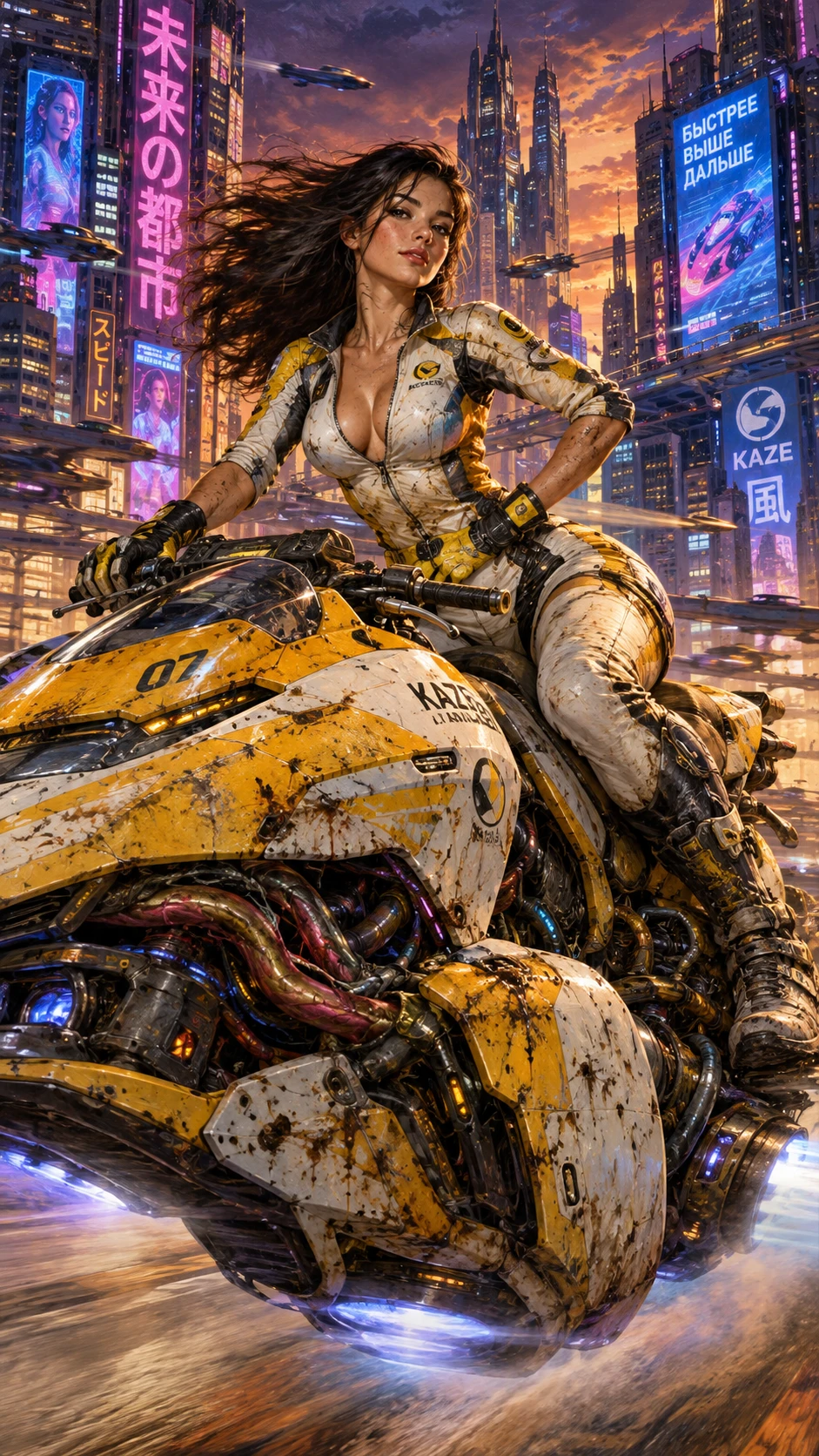 Una donna cyberpunk cavalca una moto volante meccanica logorata