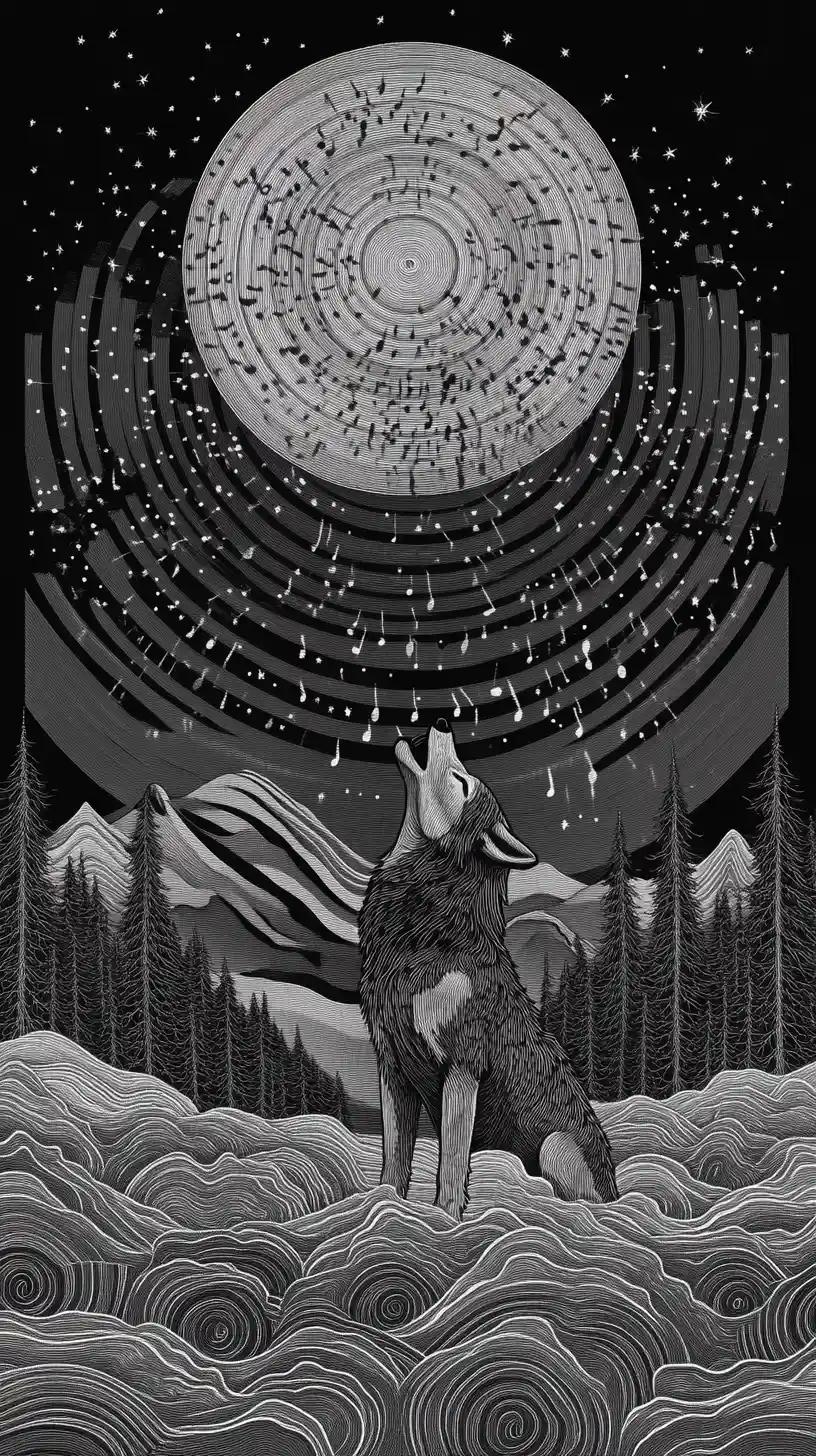 A wolf howls beneath a moon of musical staves and spirals