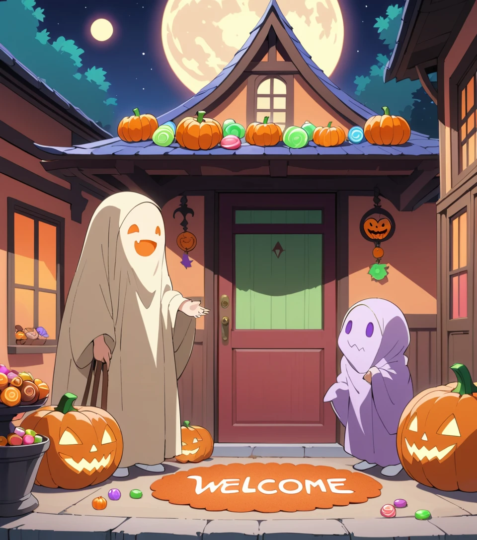 Three children made of Halloween candy stand on a decorated porch
