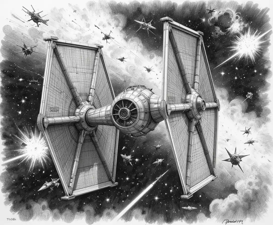 A TIE fighter against a distant space battle backdrop