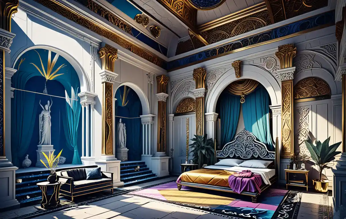 A miniature Greek fantasy villa diorama with statues and flowing tapestries