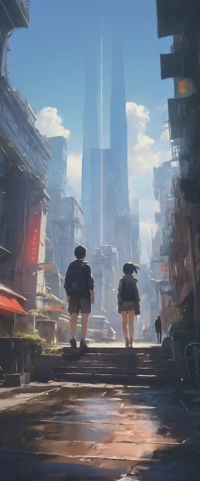 Whimsical characters in a tilted magical action scene against a wide skyline