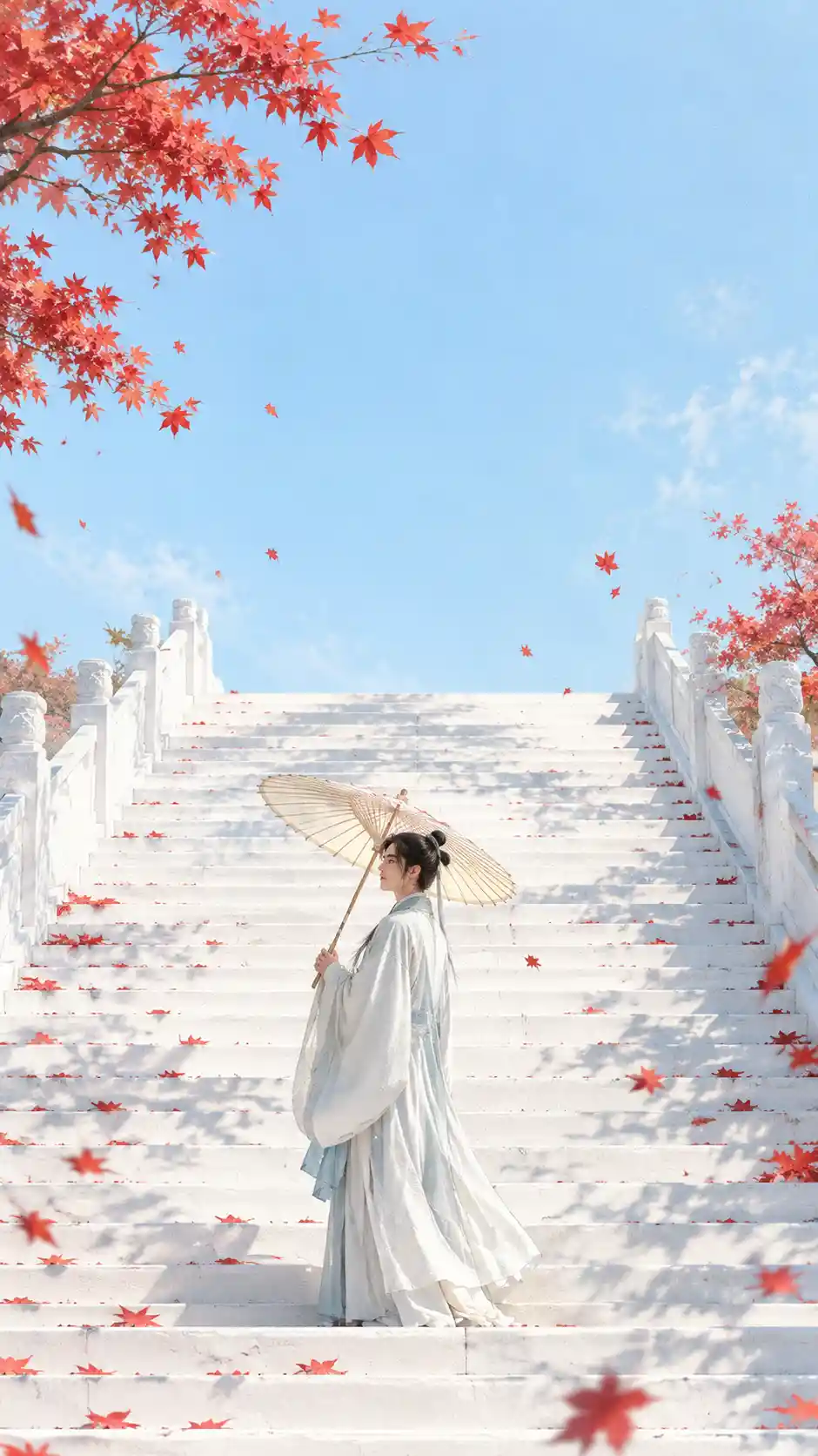 A young traveler holds an umbrella on a maple-lined stone staircase