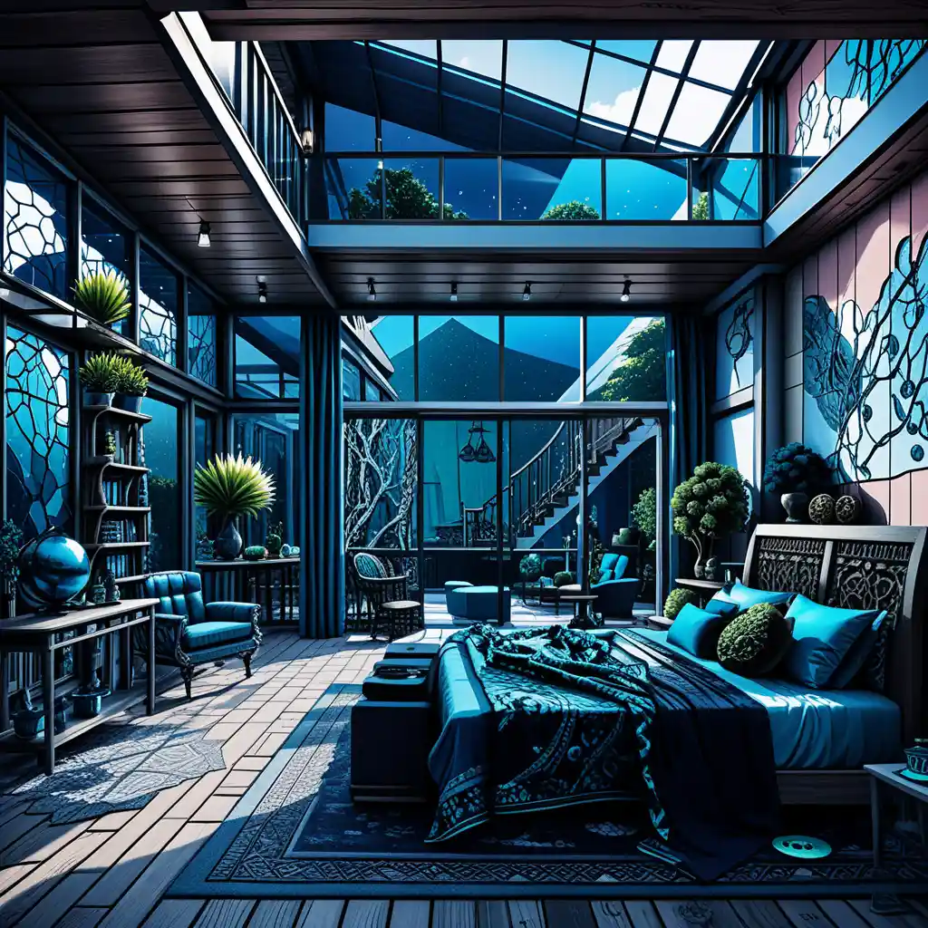 A two-story living and dining lounge in isometric perspective