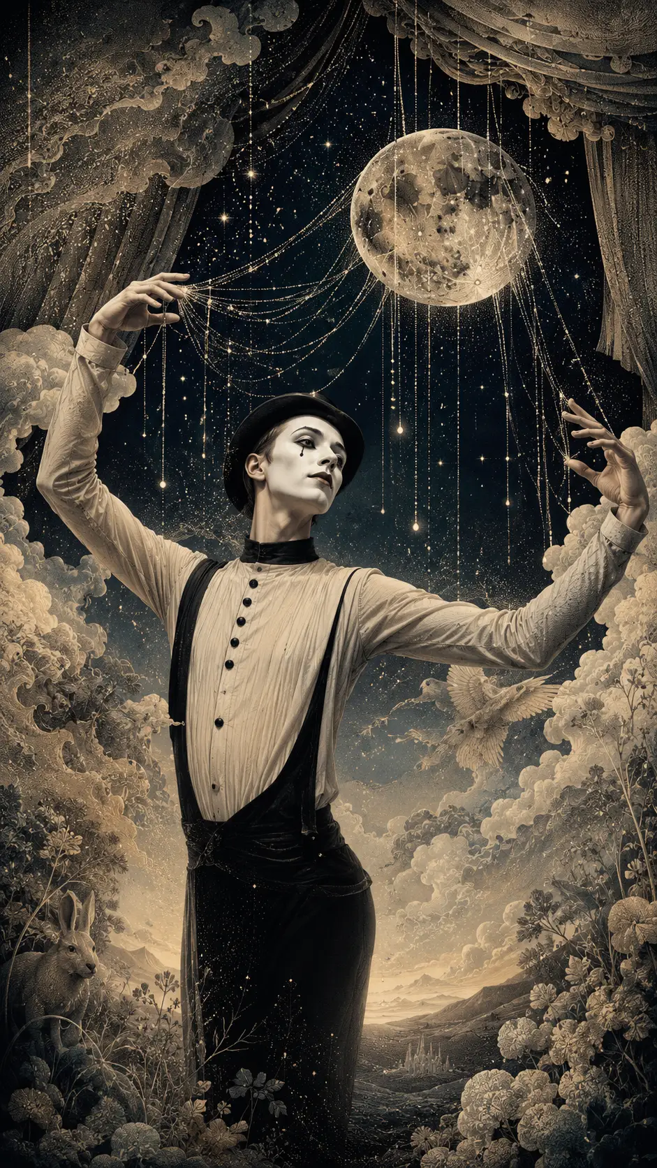 A Mime Guides Invisible Strings Beneath a Marionette Moon