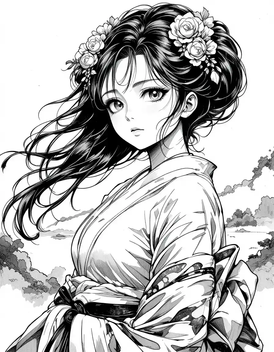 A geisha portrait rendered in expressive black and white manga lines