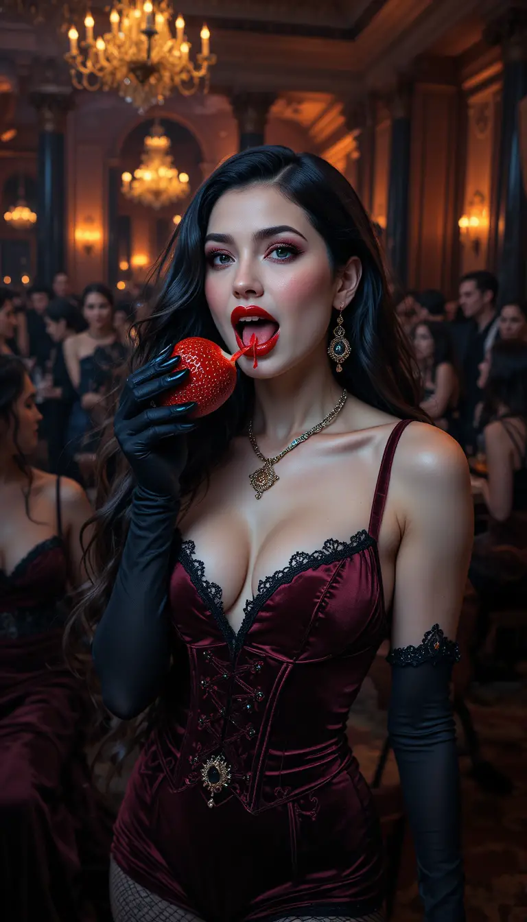 A vampire woman bites a strawberry at a gothic Halloween ball