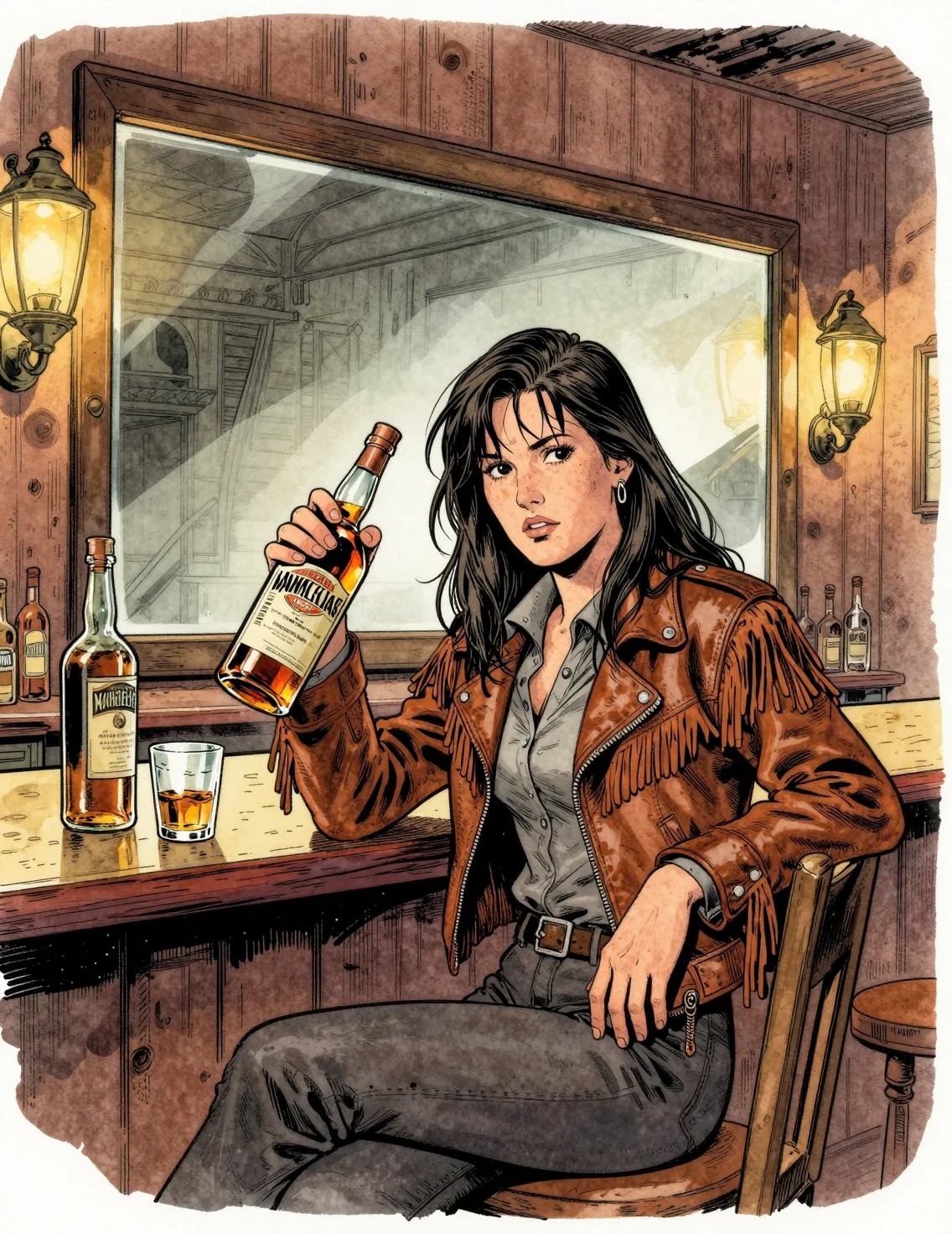 Calamity Jane assise au comptoir d'un saloon de Deadwood, en aquarelle