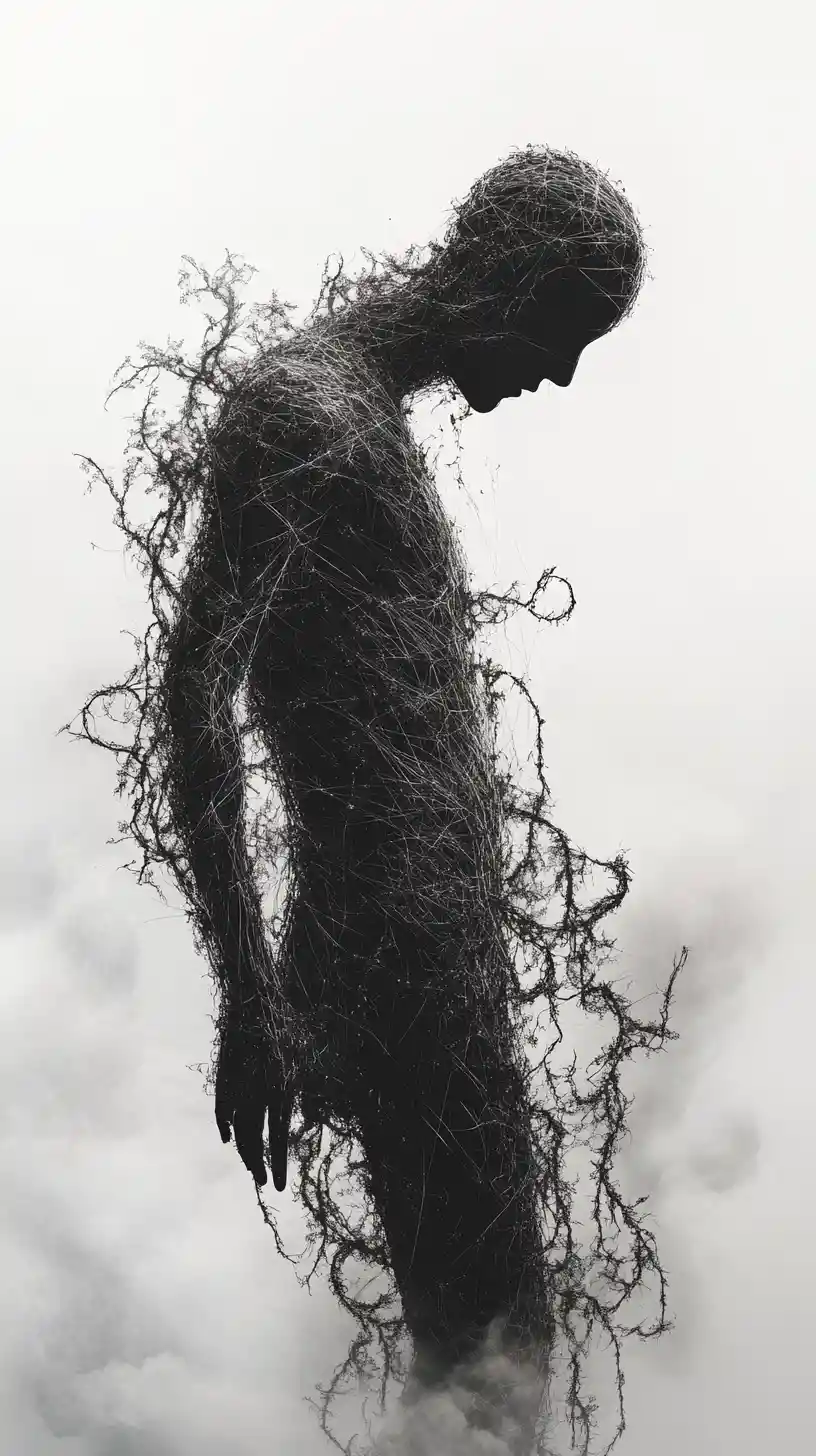 A mime stitches torn clouds with invisible thread in a surreal portrait