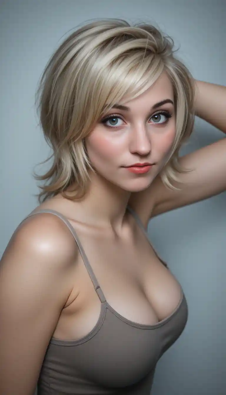 Blonde woman in a halter top poses with hands behind her head
