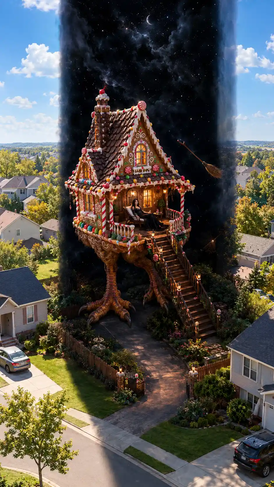 A gingerbread witch's cottage stands on a giant chicken leg