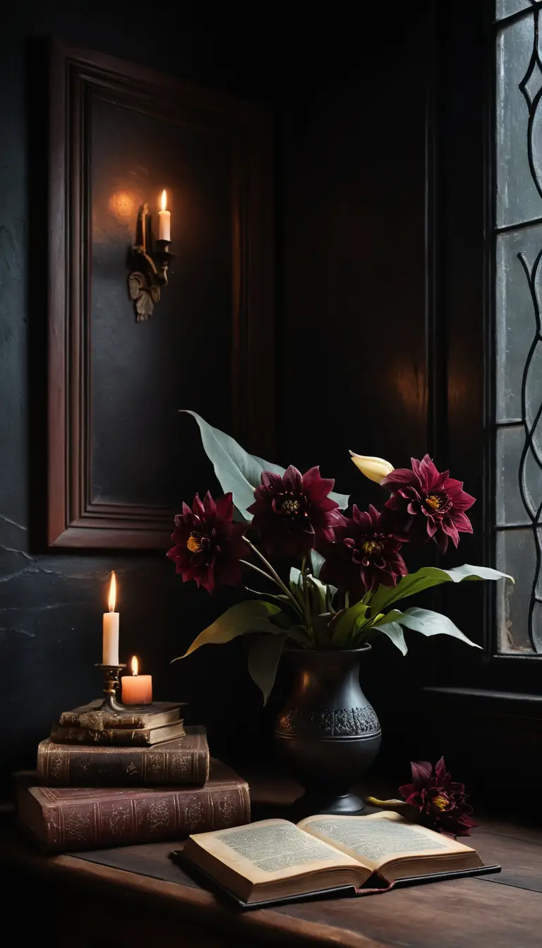 Una finestra ad arco gotico incornicia una composizione floreale dark di Halloween