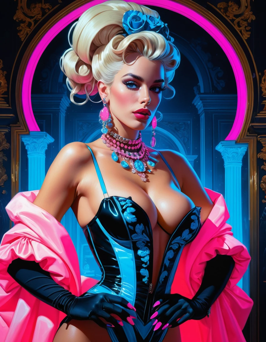 A Glamorous Woman Poses In Baroque Couture Before A Crystal Palace
