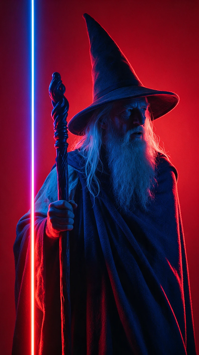 Gandalf retratado en duotono rojo y azul de alto contraste