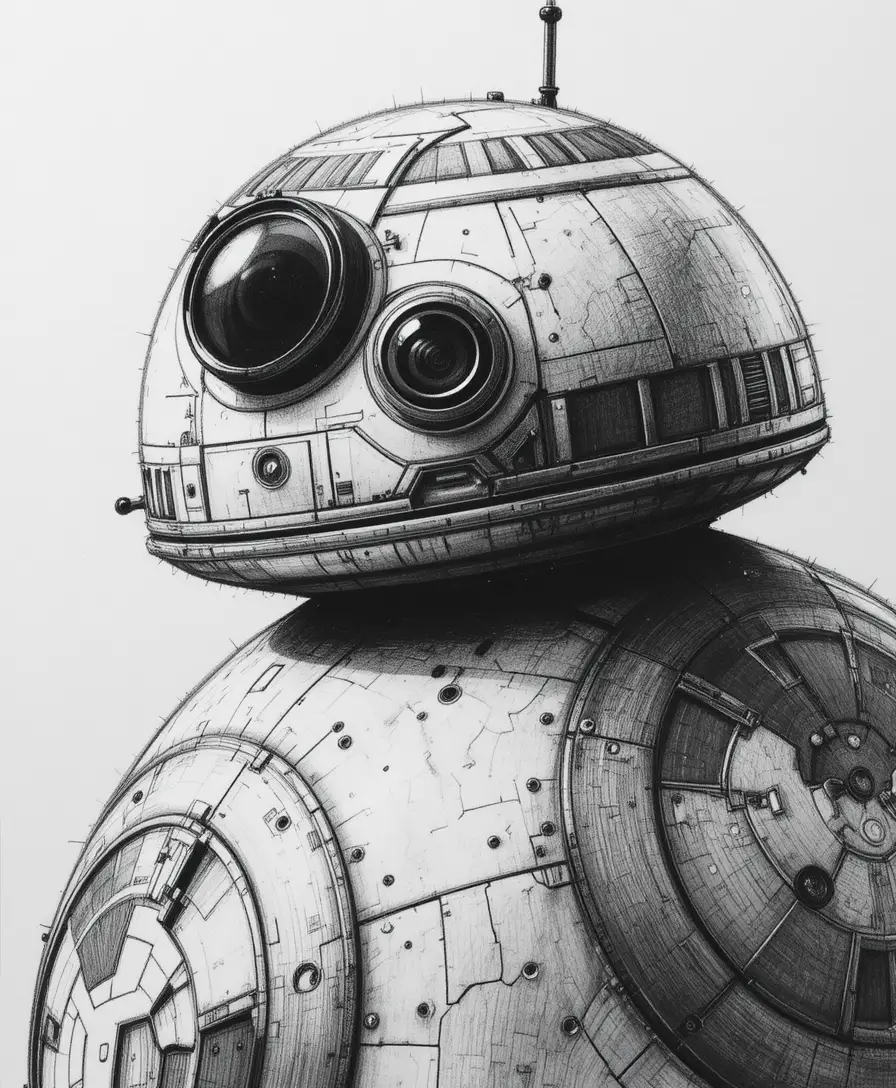 Portrait rapproché de BB-8 au graphite, avec des panneaux mécaniques détaillés
