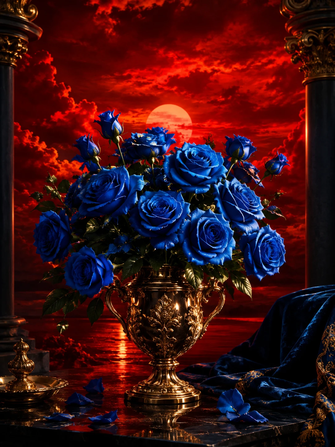 Blaue Rosen unter einem roten Himmel in einer barocken Chiaroscuro-Szene