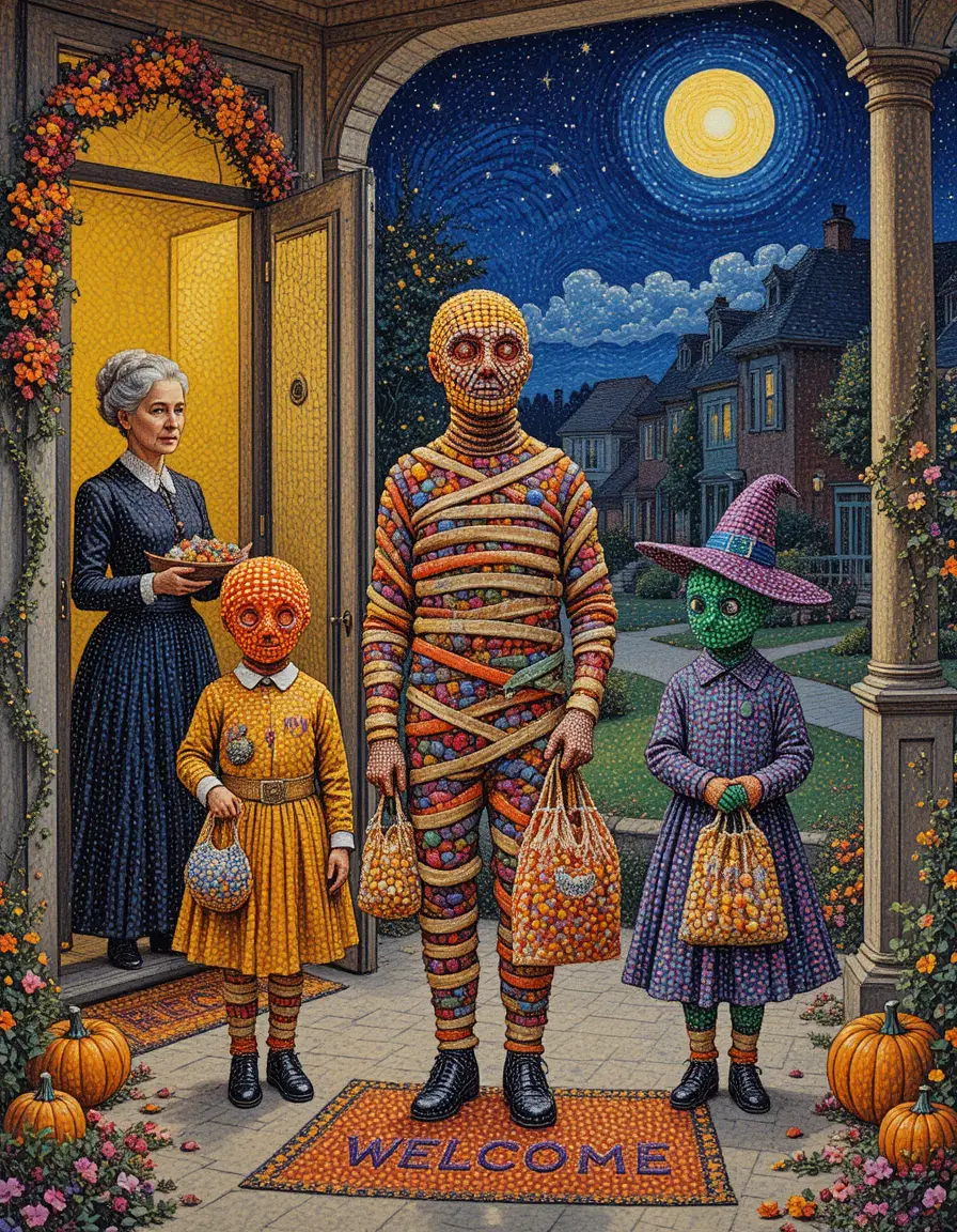 Kinder aus Süßigkeiten sammeln Leckereien auf einer pointillistischen Halloween-Veranda