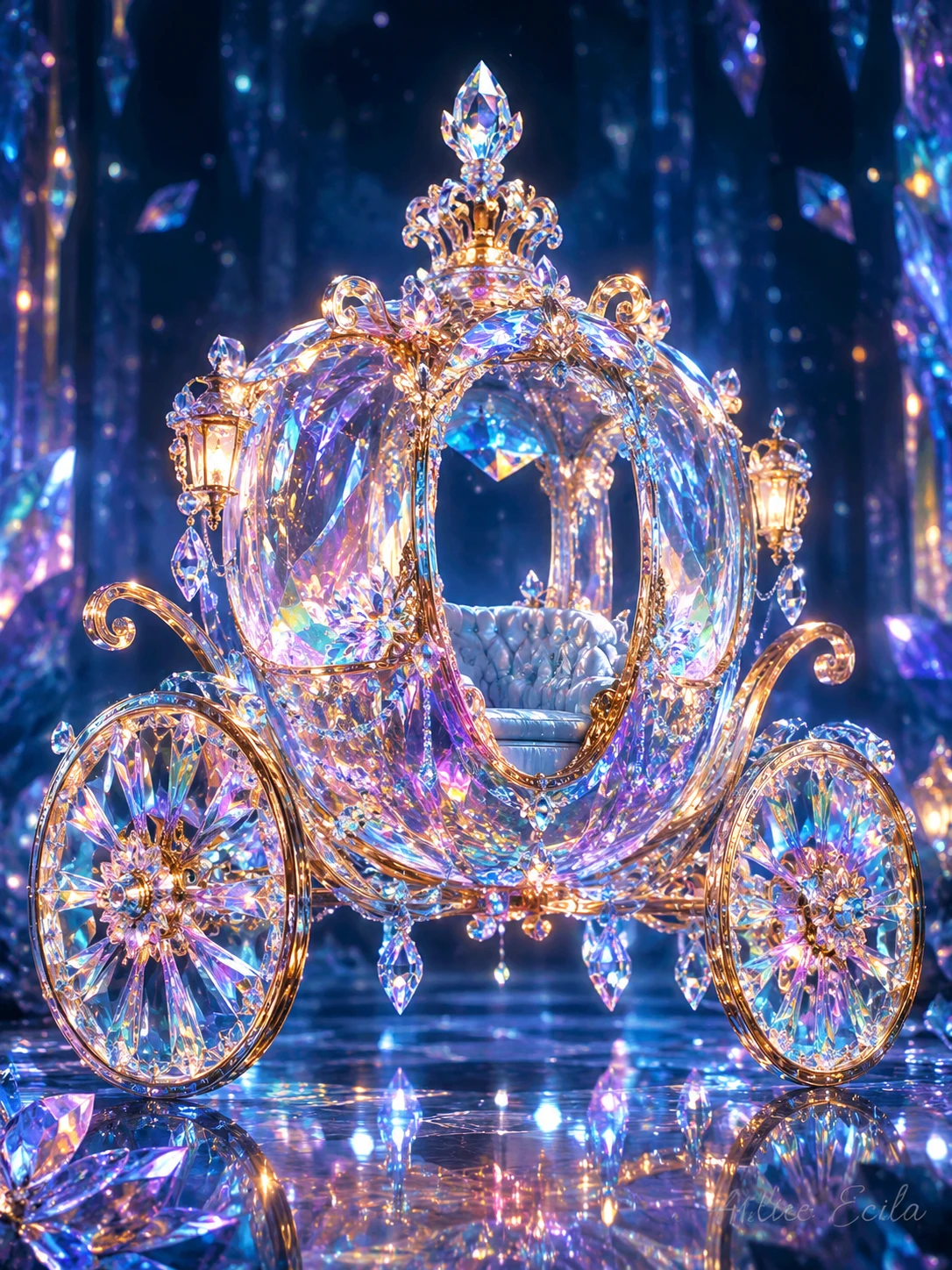 Una carrozza di cristallo traslucido brilla di geometrie iridescenti ed eleganza barocca