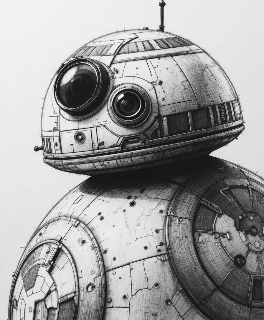A close-up graphite portrait of BB-8 with intricate mechanical panels