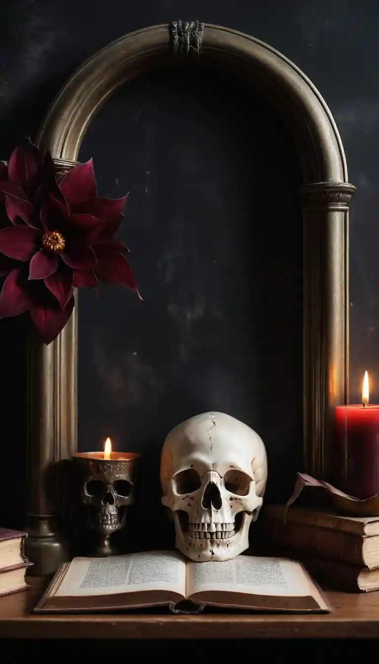 A moody floral arrangement within a vintage carved wood arch