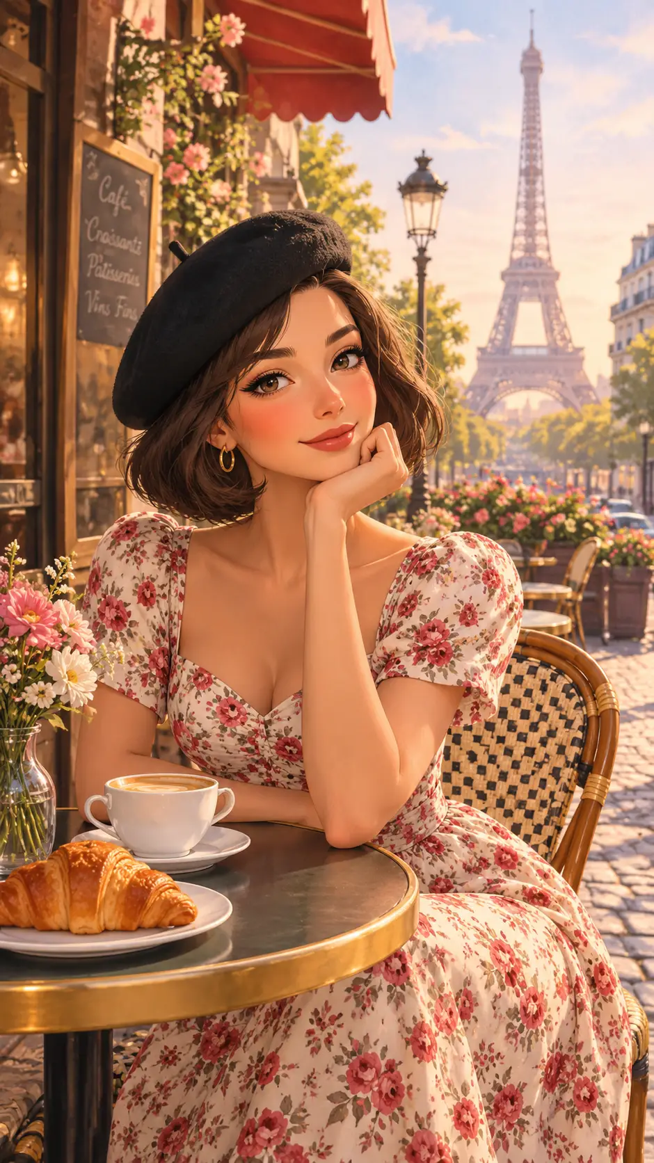 Brunette woman sits with coffee at a Parisian cafe near the Eiffel Tower