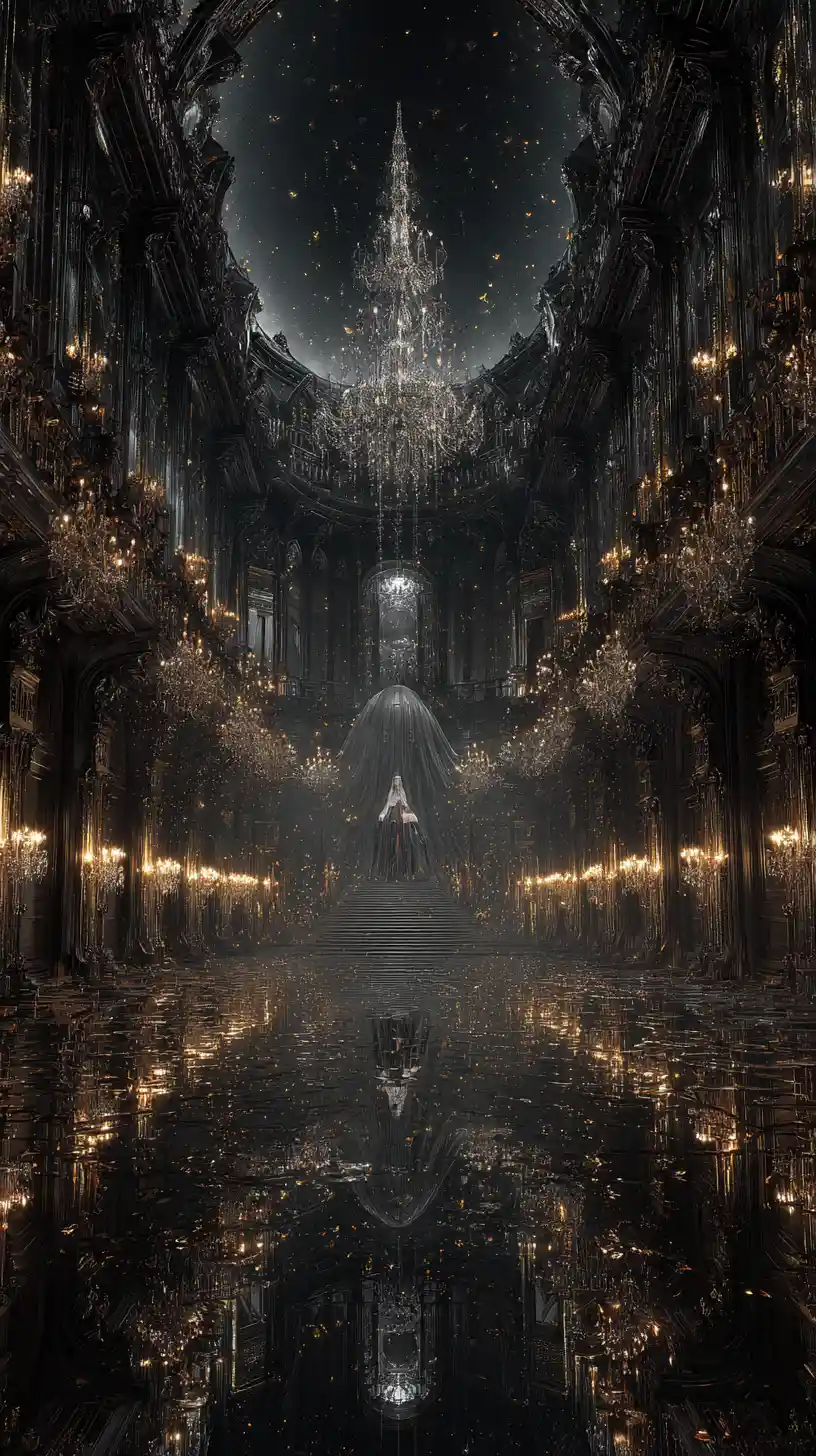 An upside-down Victorian ballroom floats above a black ocean