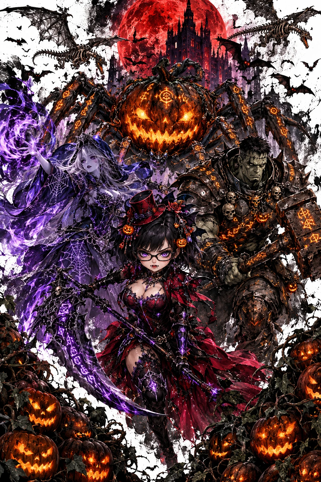 A Halloween combat team charges through a sumi-e ink-splattered scene
