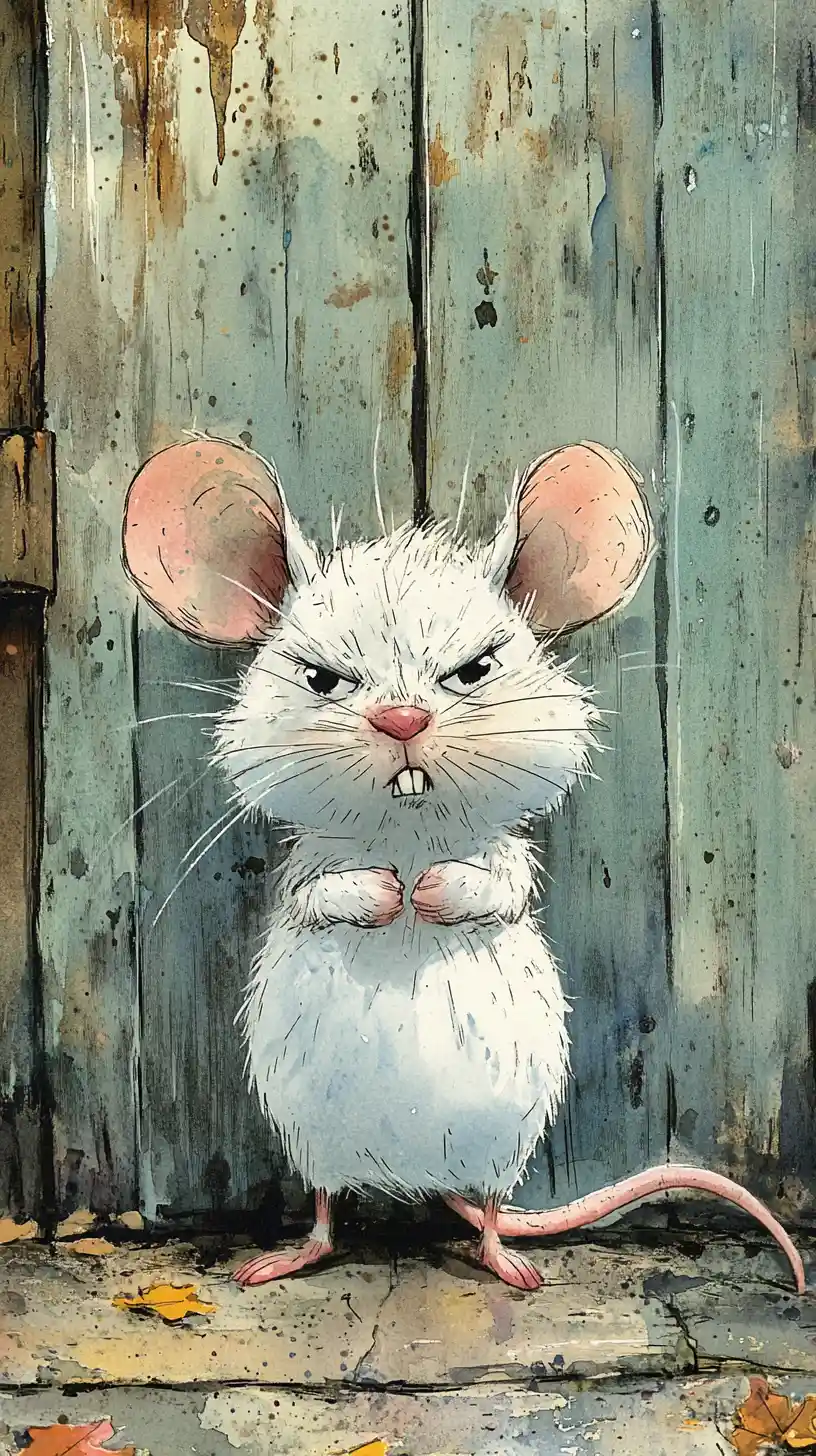 A Furious White Mouse Clenches Its Paws on Damp Cobblestones