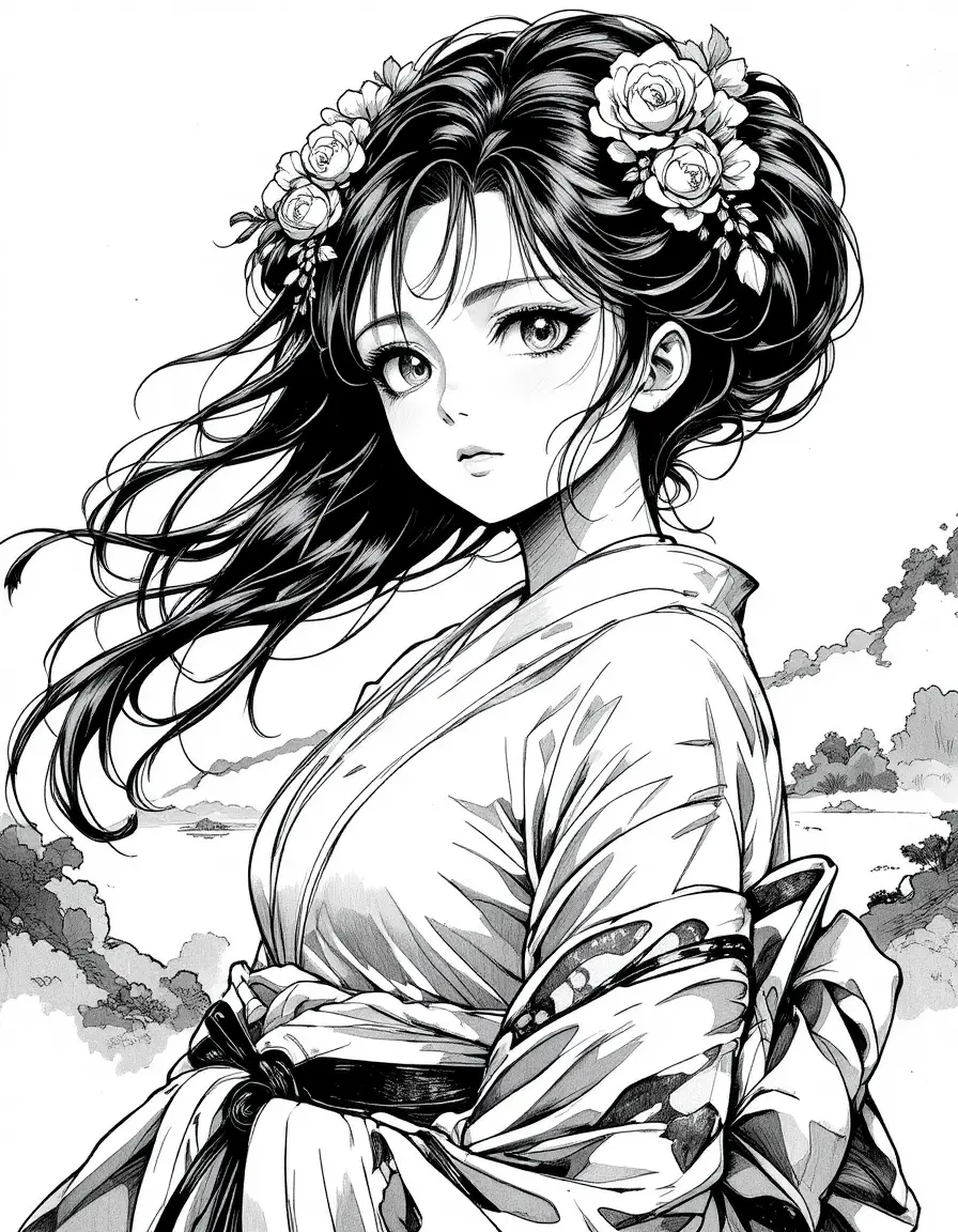 Portrait d’une geisha aux expressifs traits de manga en noir et blanc