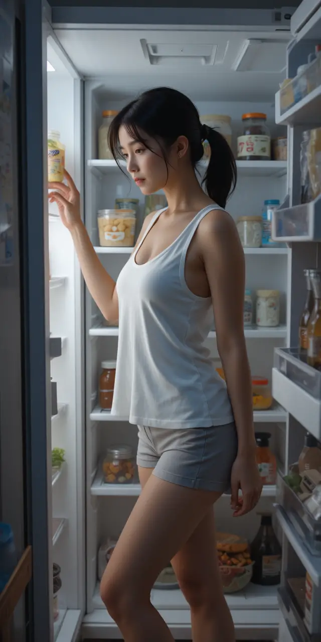 A Japanese Woman Reaches Into Her Refrigerator For Water At Night