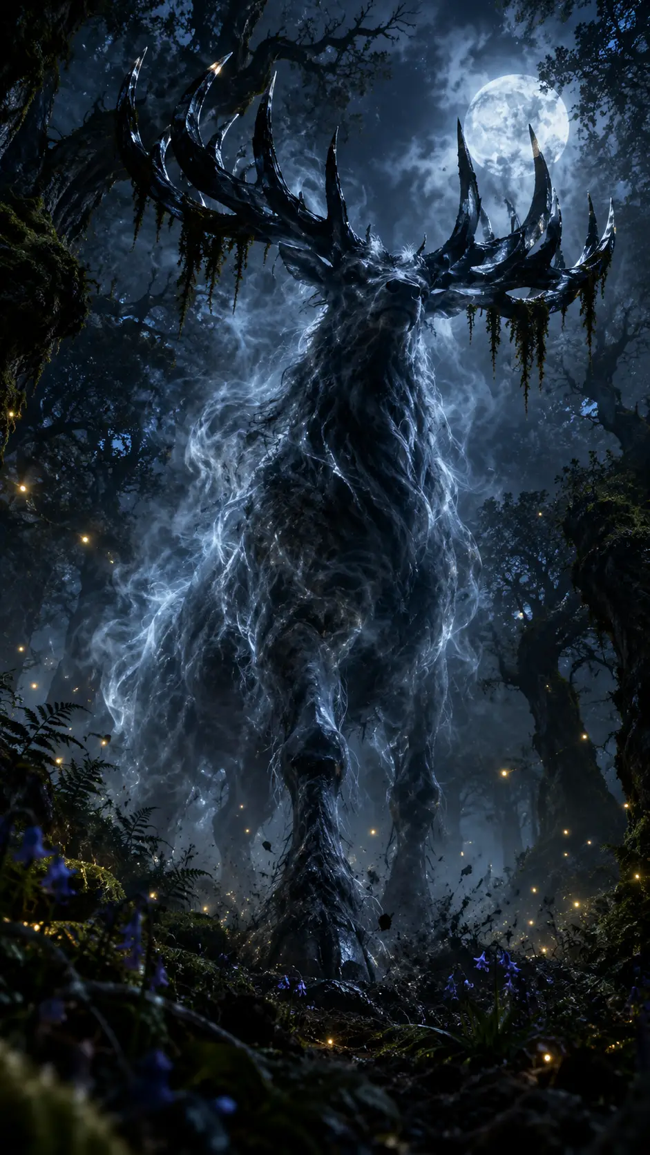 A ghost stag looms over an ancient forest at midnight
