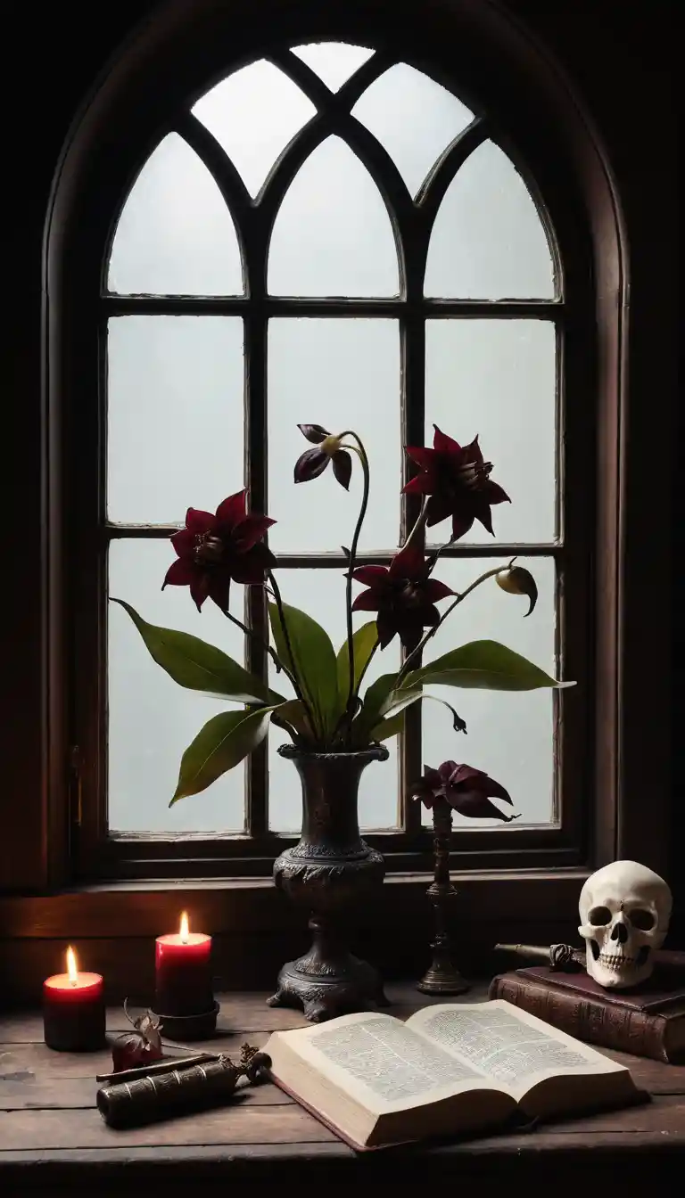 A Gothic arch window frames a moody Halloween floral still life