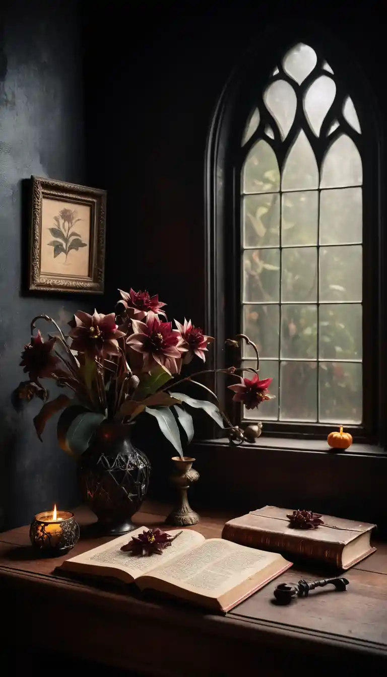 A gothic arch window frames a moody burgundy and white flower arrangement