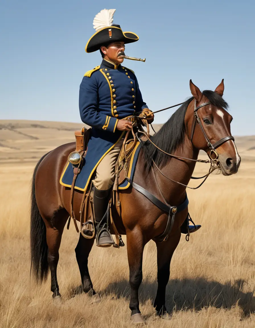 A cavalry bugler sounds his brass call across the American frontier
