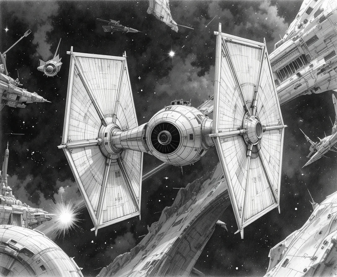 A TIE Starfighter Set Against a Graphite-Drawn Space Battle
