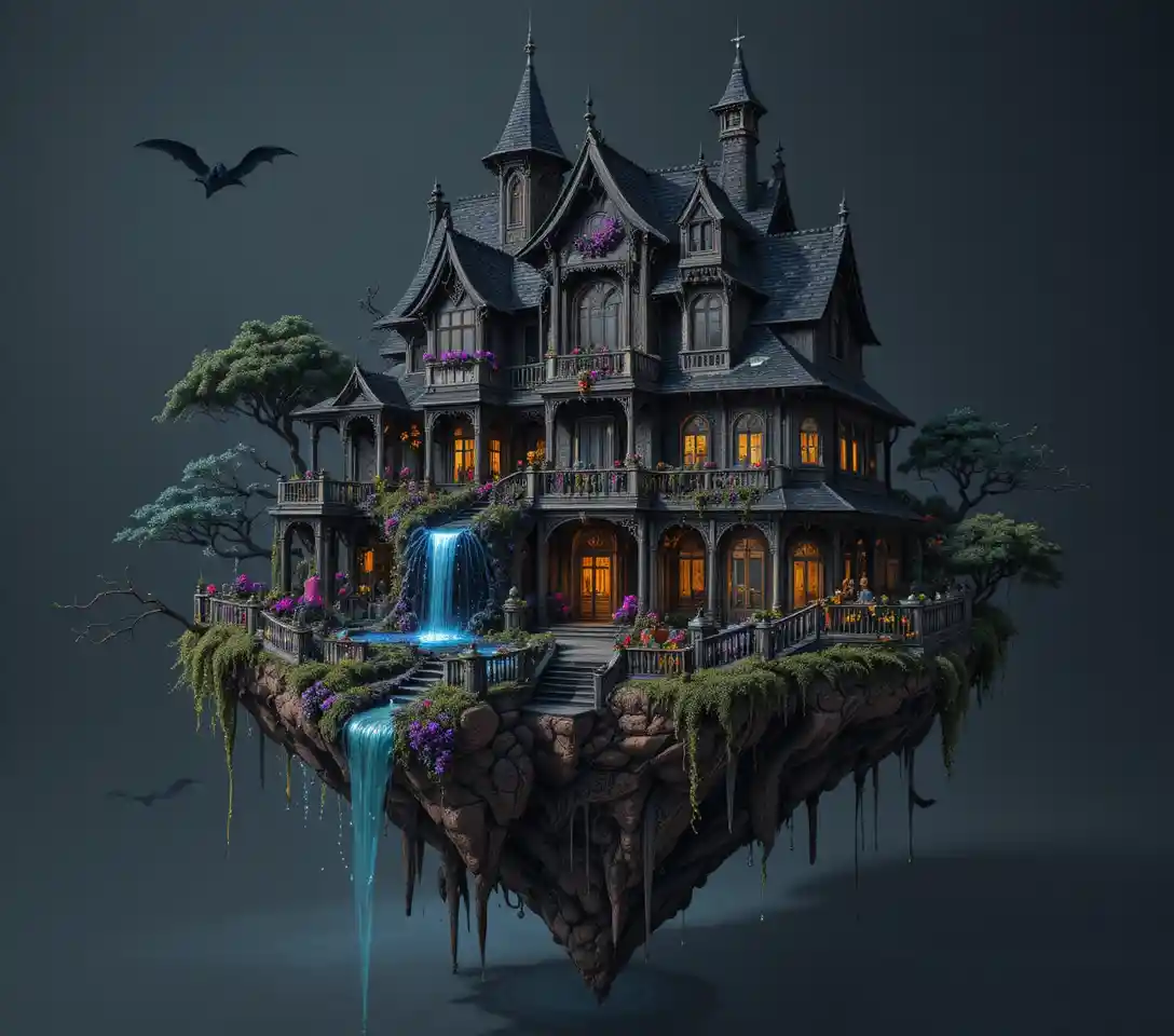 A floating island diorama with cascading water features and Halloween decor
