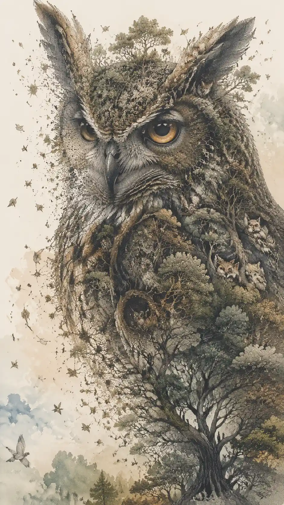 A great horned owl transforms into intricate tree canopies filled with hidden wildlife