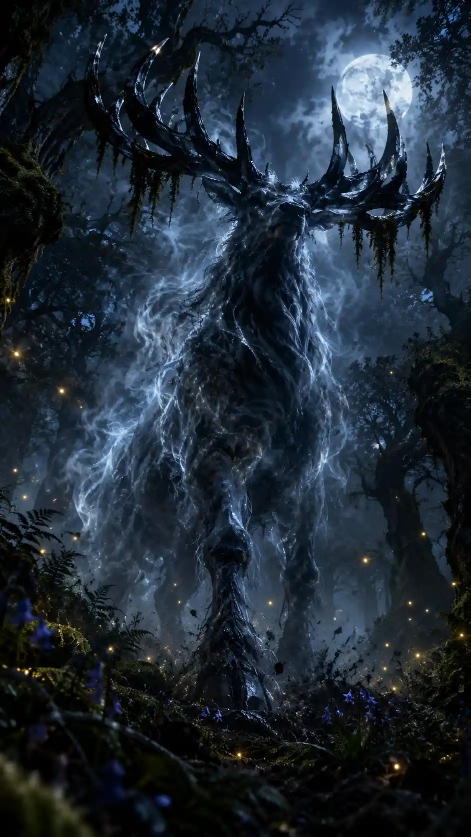 午夜時分，幽靈雄鹿聳立於古老森林之上