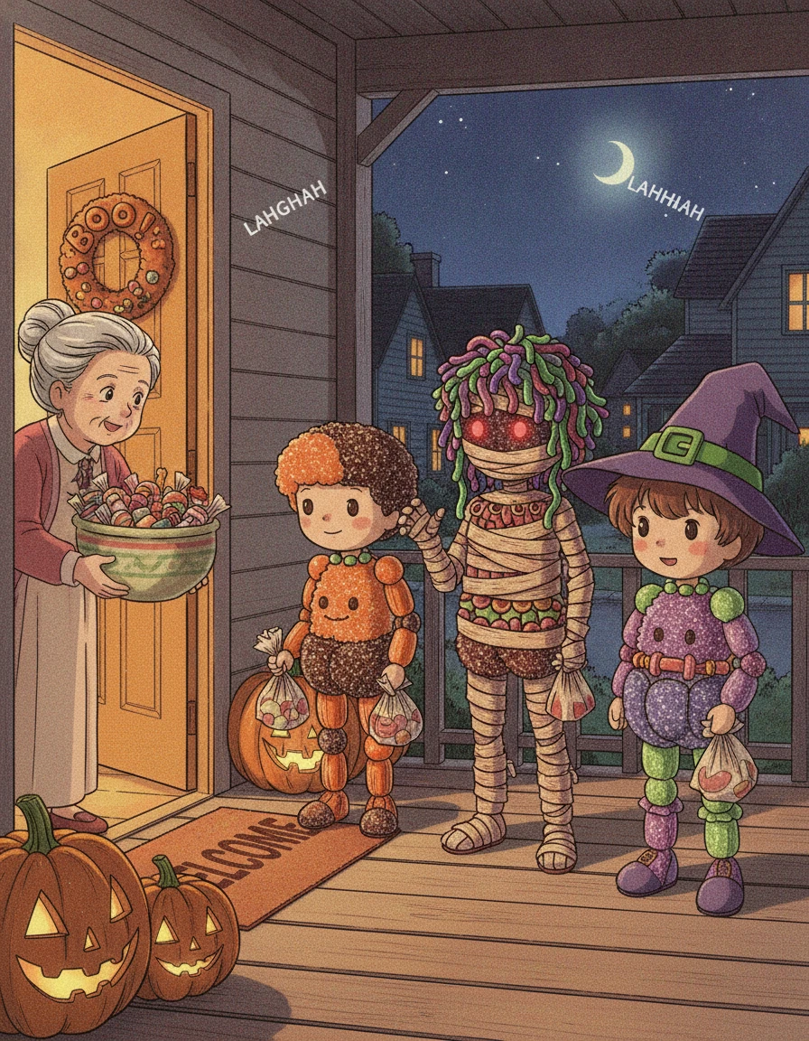 Des enfants en bonbons déguisés sur un porche décoré pour Halloween