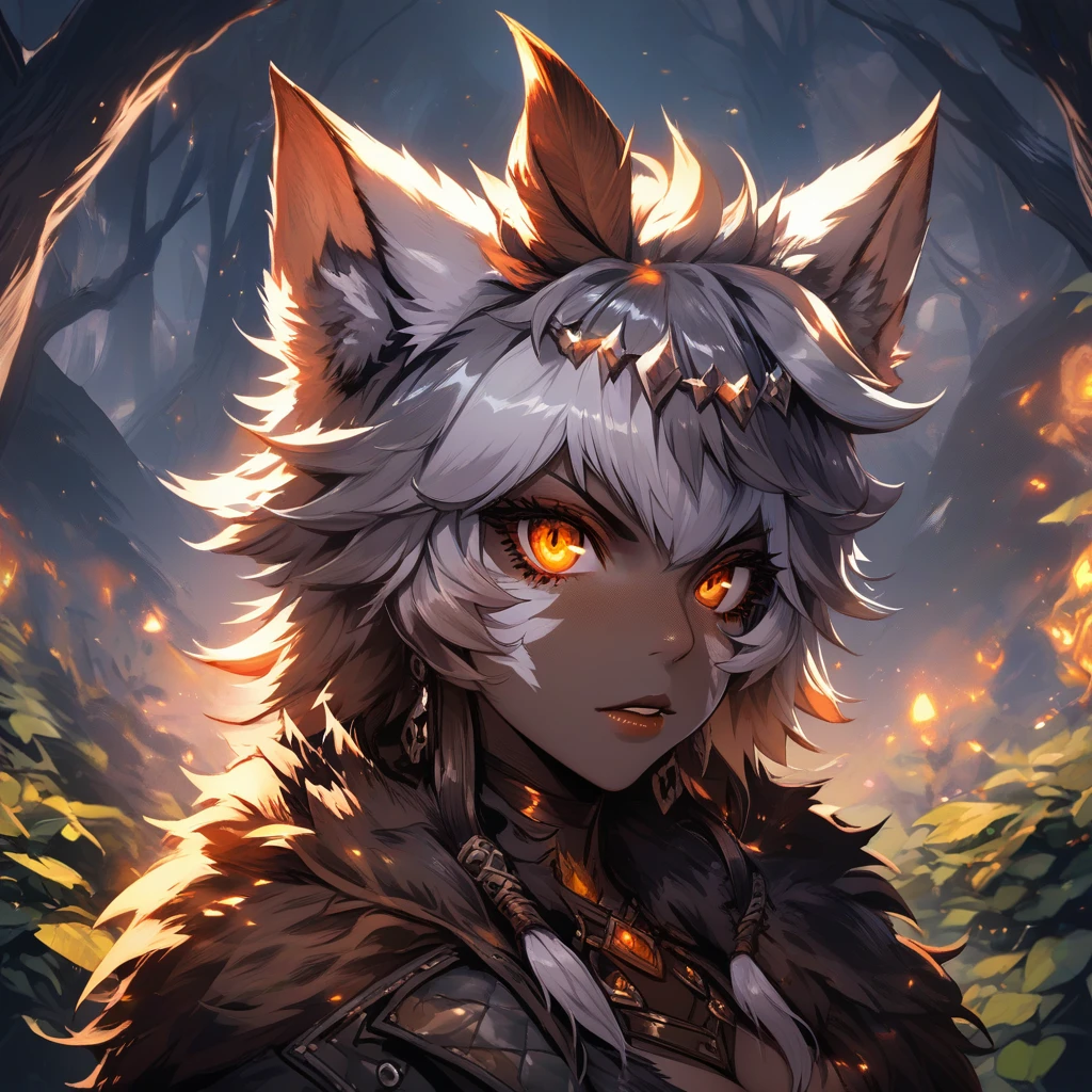 A fantasy druid with wolf-like ears, amber eyes, grey hair, leather, and furs