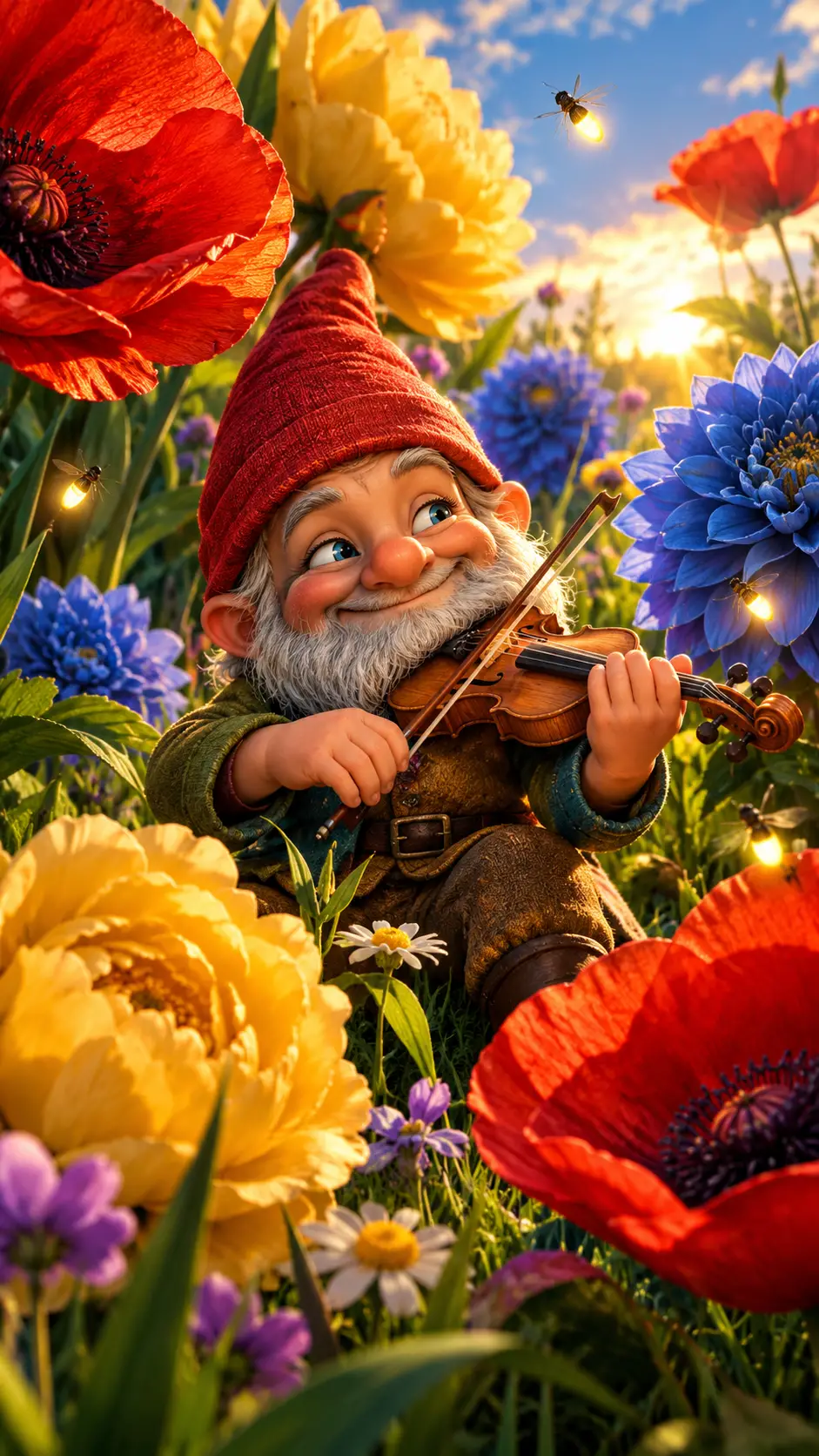 A dwarf violinist plays among oversized flowers in a sunlit meadow
