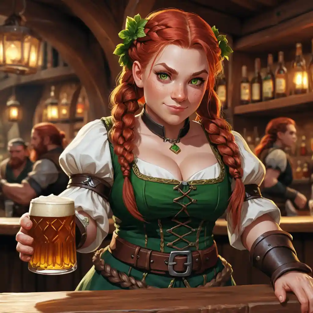 A red-haired dwarf barmaid with braids and a cheerfully drunken expression