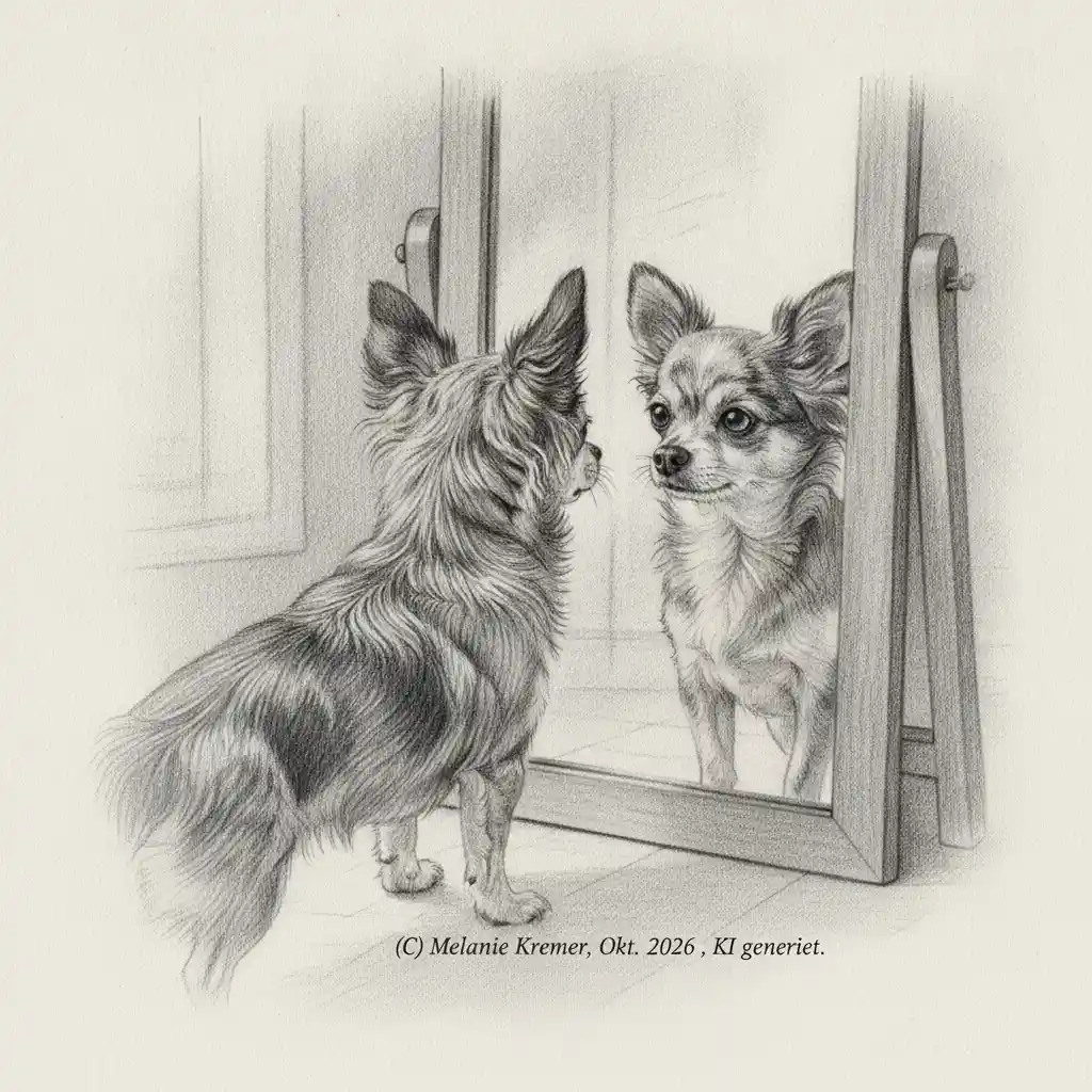 An older Chihuahua studies her reflection in a standing mirror
