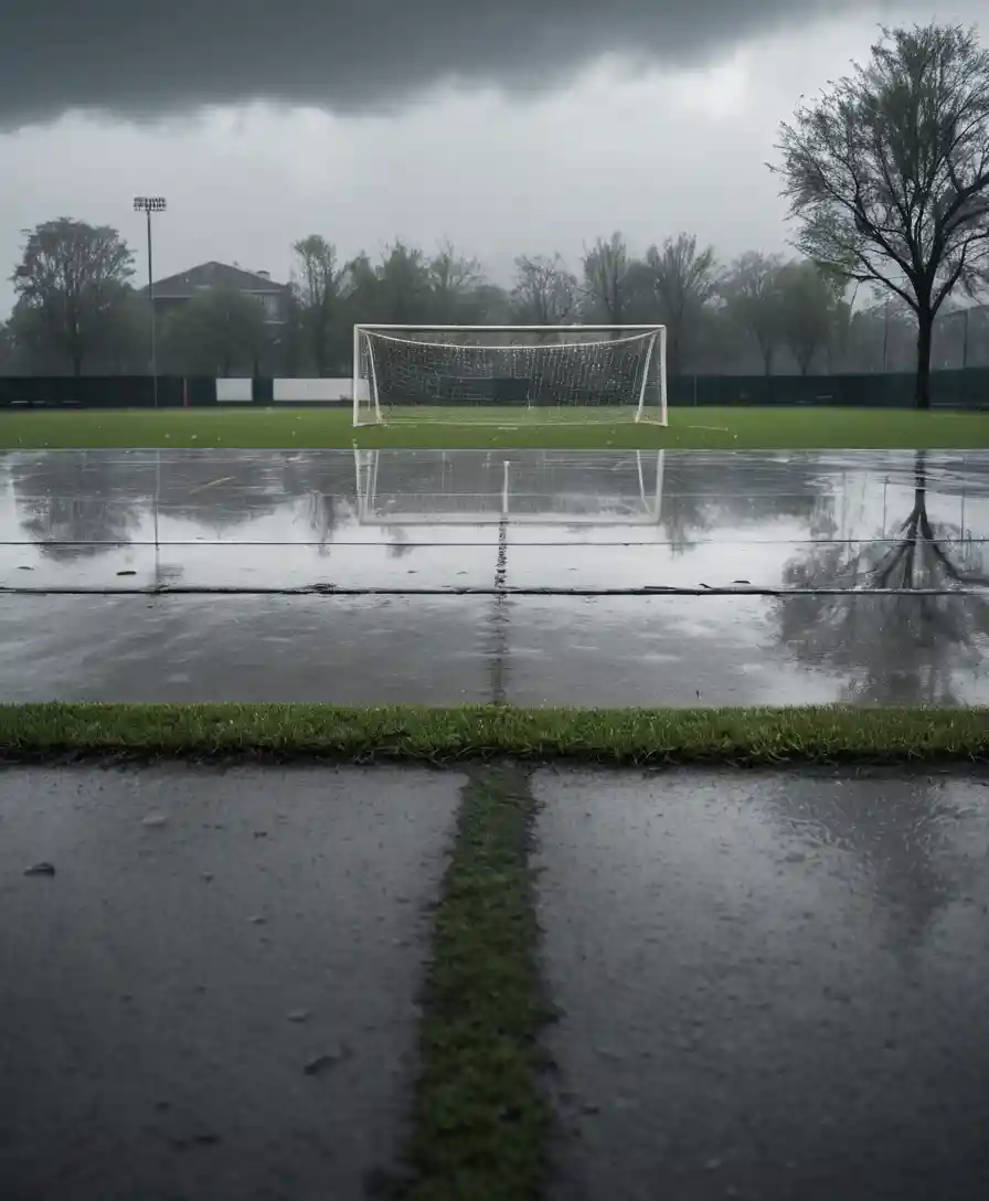 An empty neighborhood soccer field with puddles beneath dark rain clouds