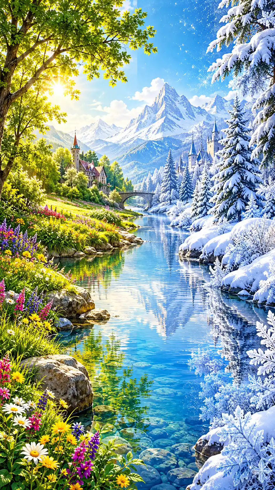 A fairytale landscape divided by a river between summer and winter