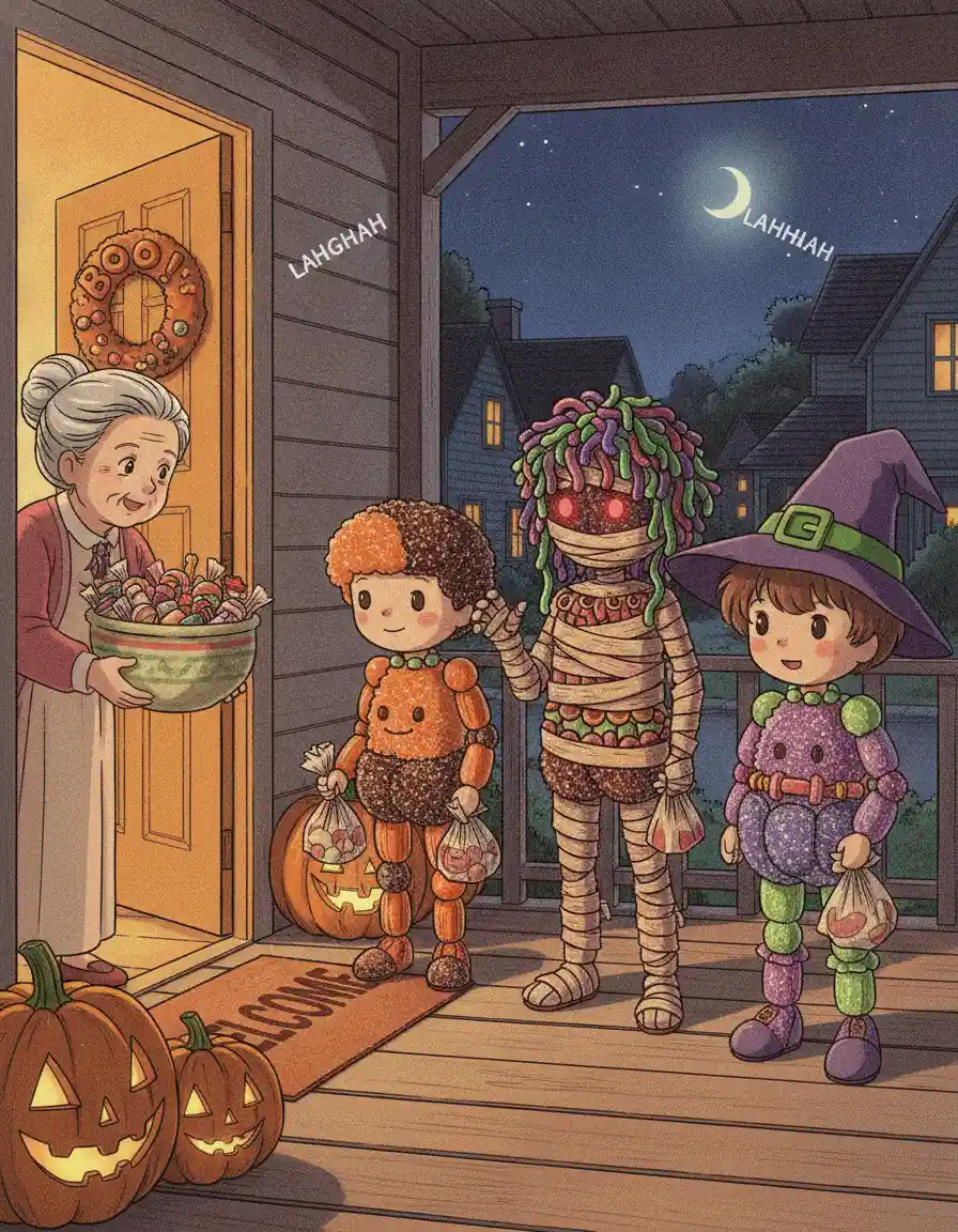 Candy children stand in costume on a decorated Halloween porch