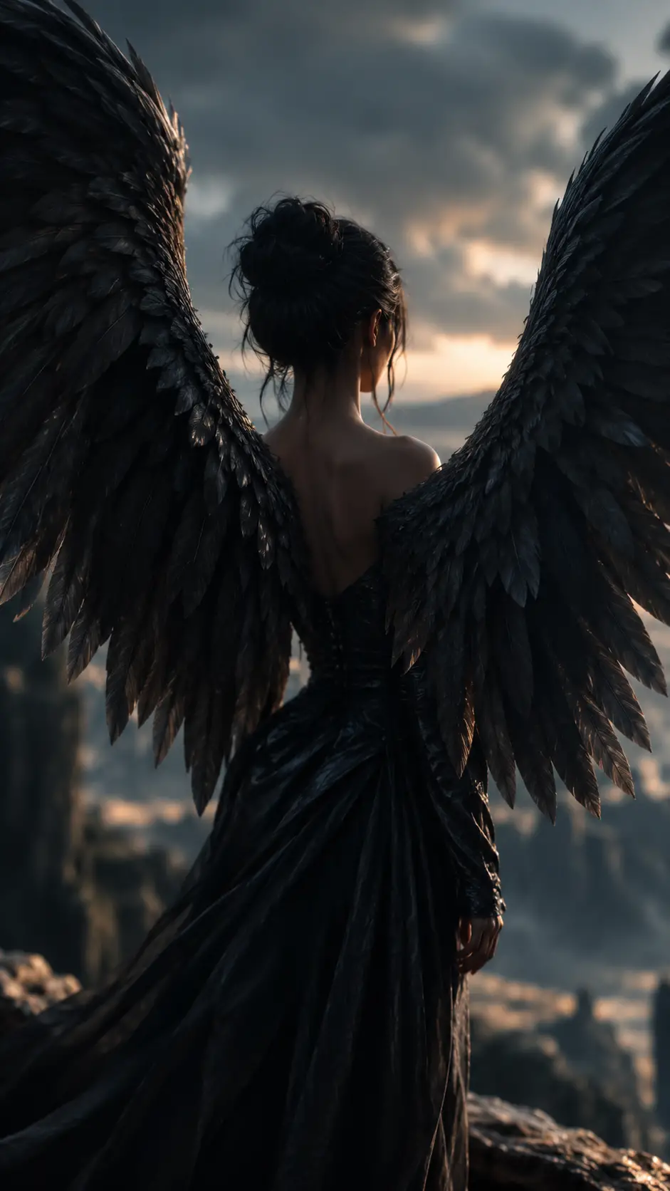A dark female angel with vast wings viewed from behind